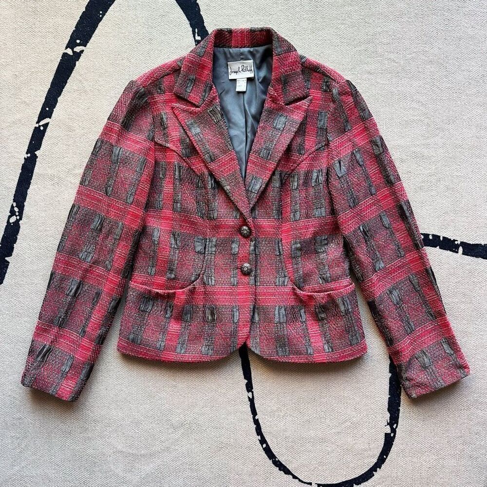 VTG Y2K Joseph Ribkoff Red Silver Plaid Blazer Veston Jacket Size 12 Canada Made